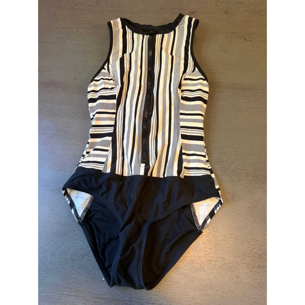 Next by Athena Womens Black White Striped Front Zip One Piece Swimsuit NE69661M
